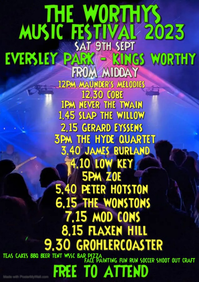 Worthys Music Festival 2023: GROHLERCOASTER + Flaxen Hill + Mod Cons + The Wonstons + Peter Houston + Zoe + Low Key + James Burland + The Hyde Quartet + Gerard Eyssens + Slap The Willow + Never The Twain + Cobe + Maunder's Melodies