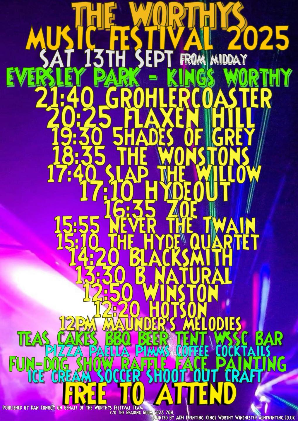 Worthys Music Festival 2025: GROHLERCOASTER + Flaxen Hill + 5hades Of Grey + The Wonstons + Slap The Willow + Hydeout + Zoe + Never The Twain + The Hyde Quartet + Blacksmith + B Natural + Winston + Hotson + Maunder's Melodies