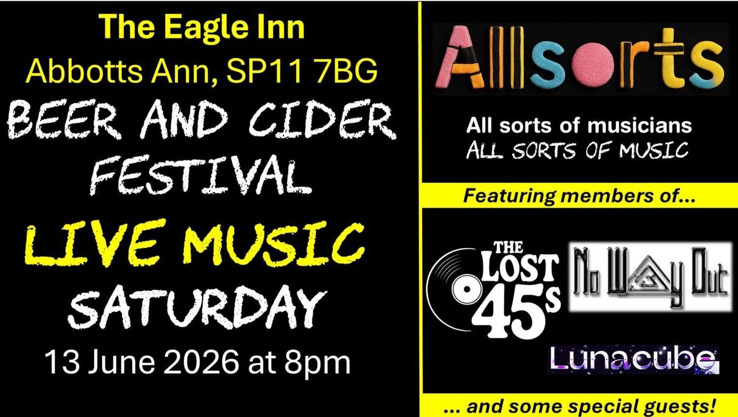 Beer and Cider Festival with live music from The Lost 45s + No Way Out + Lunacube